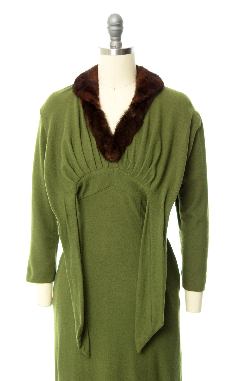 Vintage 1950s Mink Fur Trimmed Olive Green Wool Jersey Dress Birthday Life Vintage