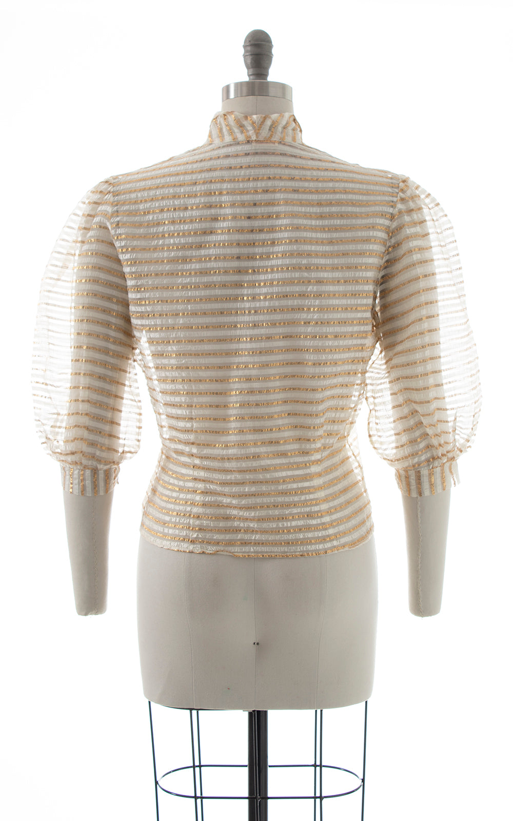 1950s Sheer Gold Striped Balloon Sleeve Blouse | large
