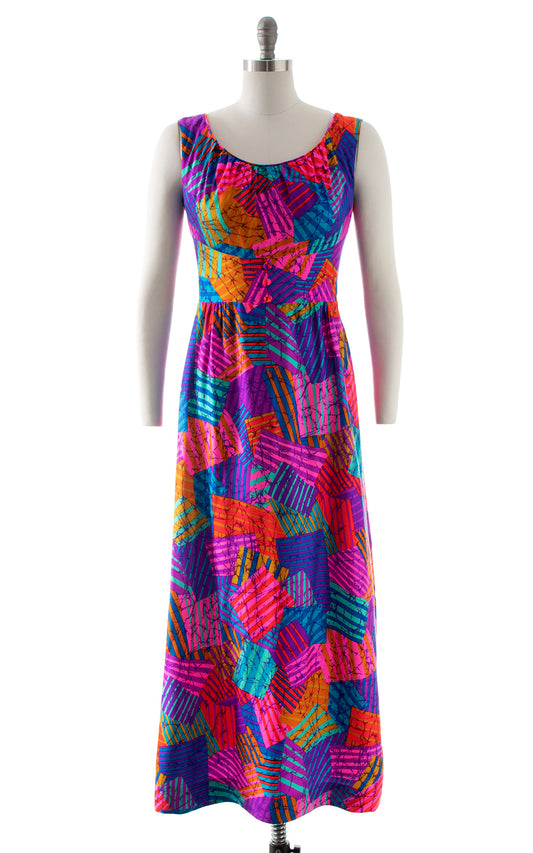 1960s 1970s Neon Patchwork Maxi Dress BirthdayLifeVintage