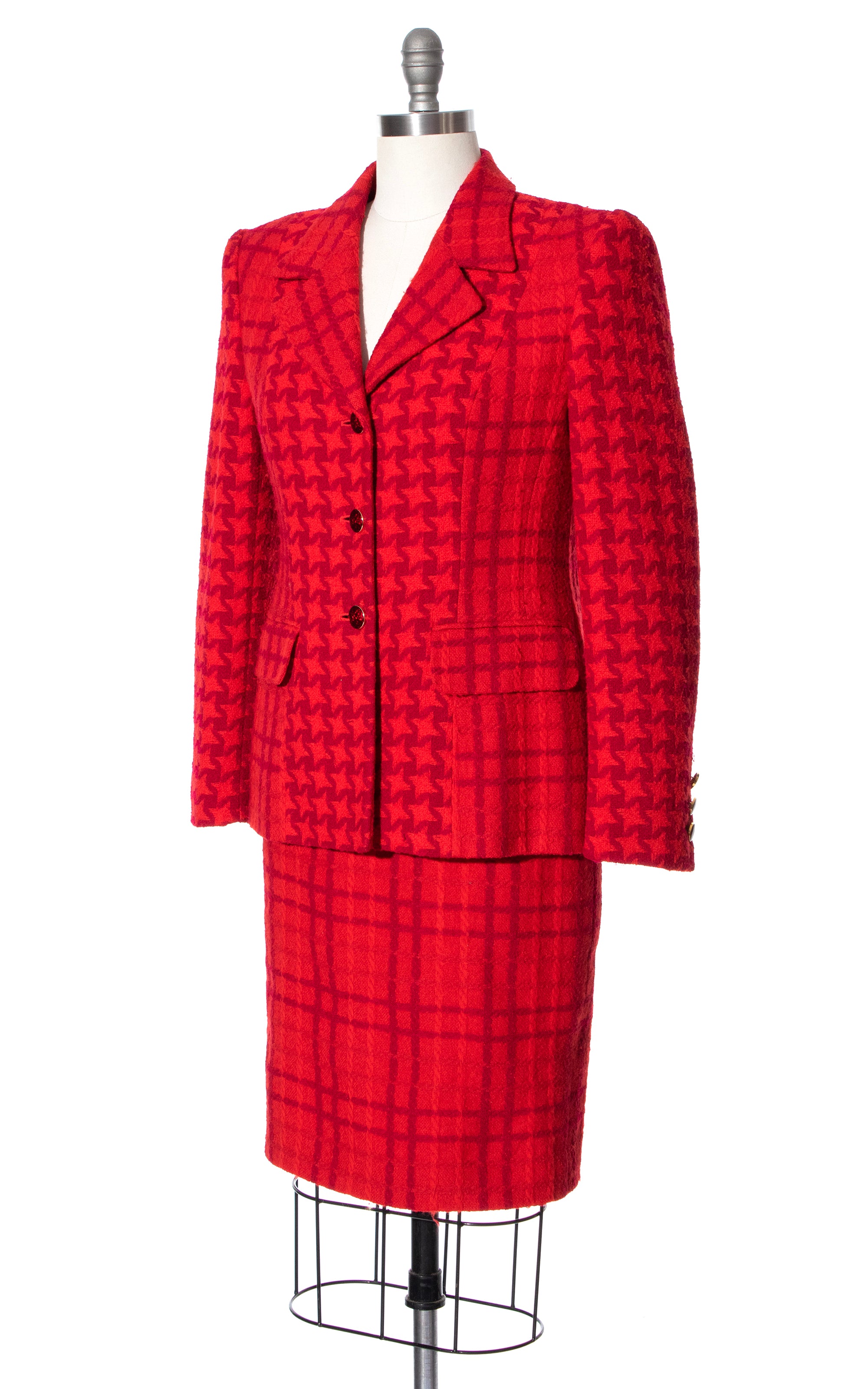 1980s ESCADA Houndstooth Plaid Red Wool Skirt Suit | medium