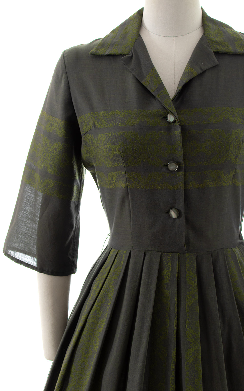 1950s Geometric Olive Shirtwaist Dress | small | BirthdayLifeVintage