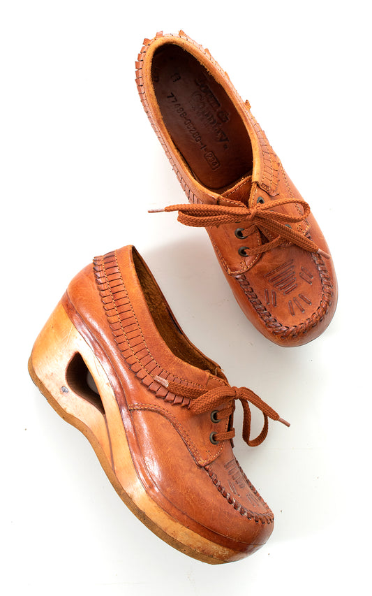 1970s Leather Fringe & Wood Platform Loafers | US 9