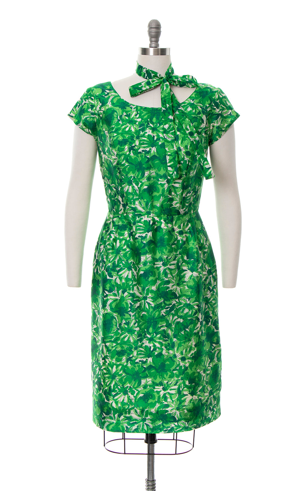 1950s Green Floral Silk Wiggle Dress | medium