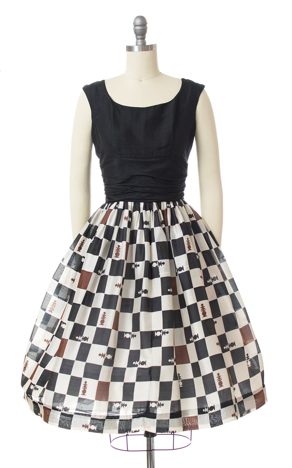 1950s Chess Novelty Print Silk Dress