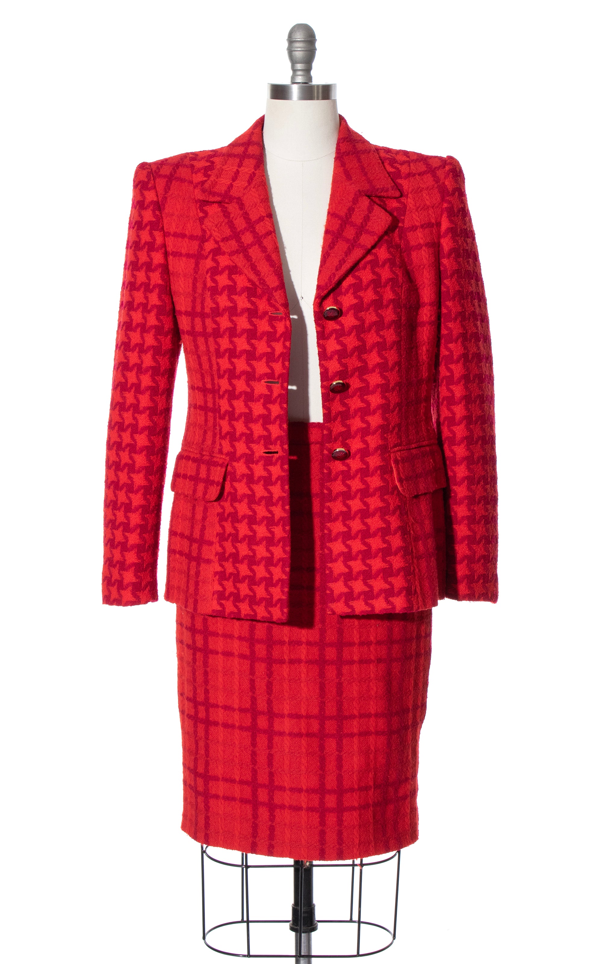 1980s ESCADA Houndstooth Plaid Red Wool Skirt Suit | medium