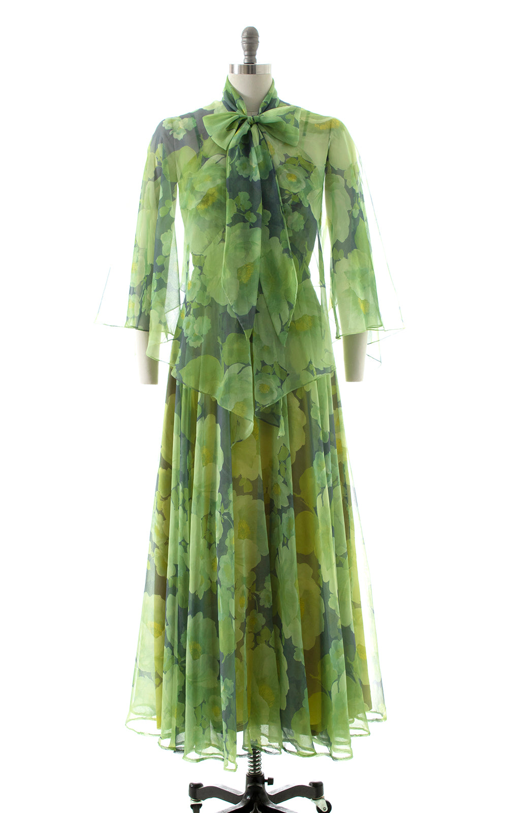 1970s MIKE BENET Floral Chiffon Maxi Dress & Capelet | small