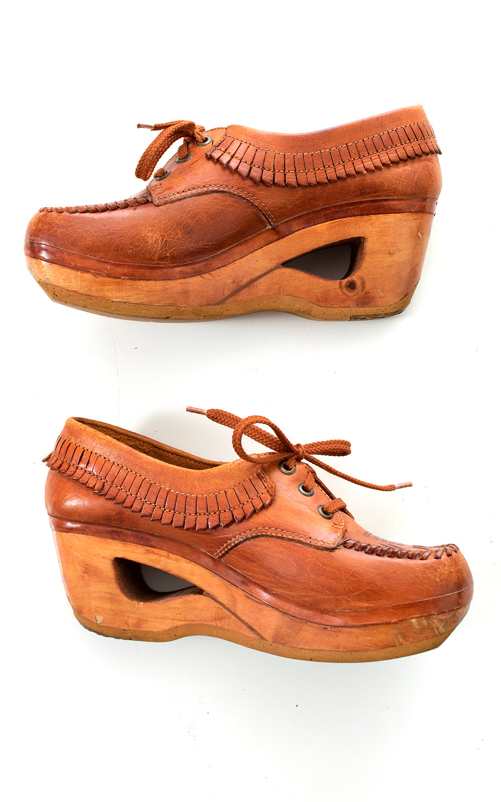 1970s Leather Fringe & Wood Platform Loafers | US 9