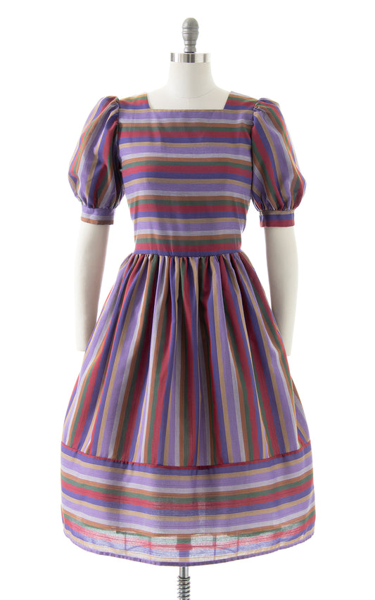 1980s Striped Puff Sleeve Dress | medium