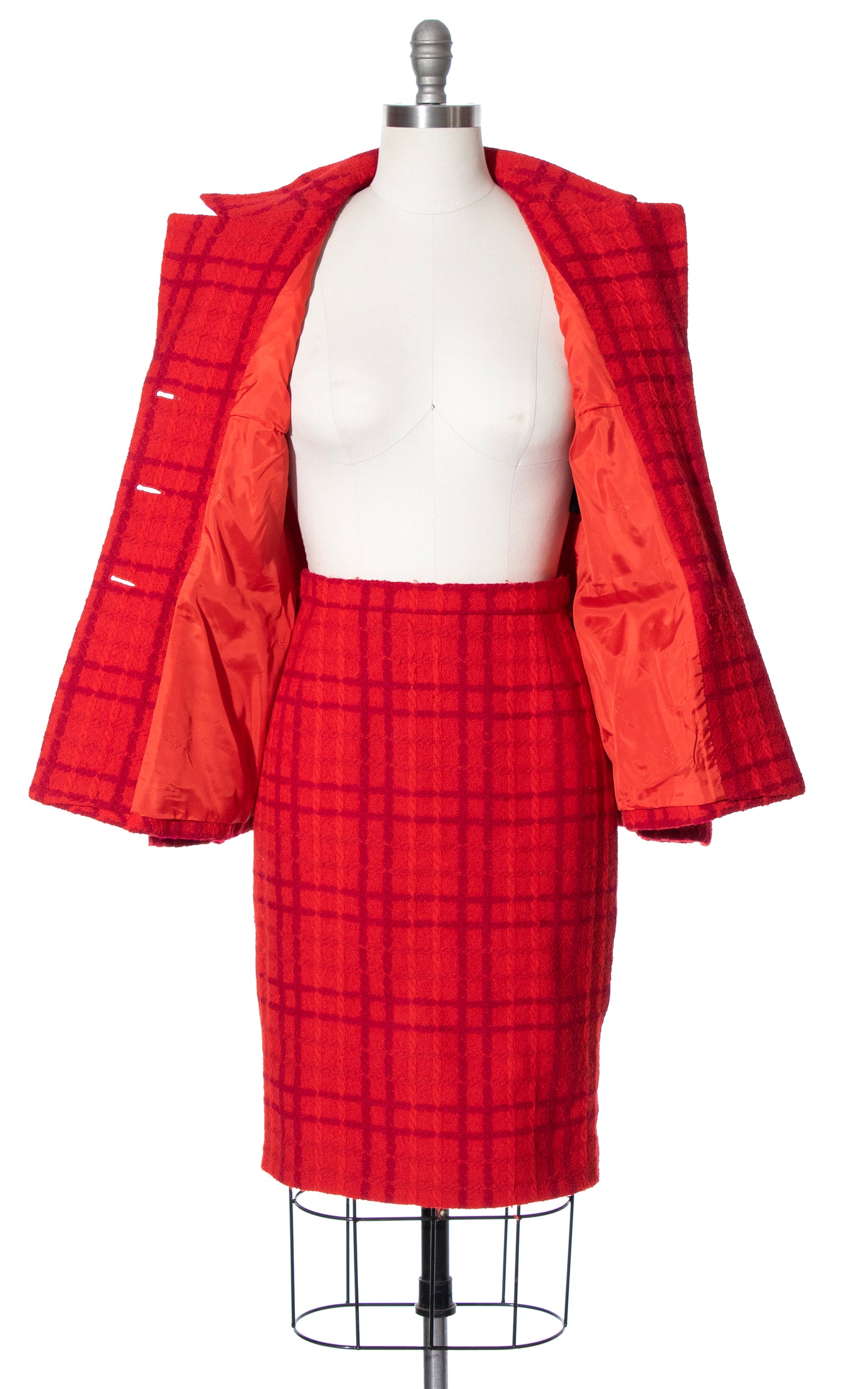 Vintage 80s 1980s ESCADA Houndstooth Plaid Red Wool Skirt Suit BirthdayLifeVintage