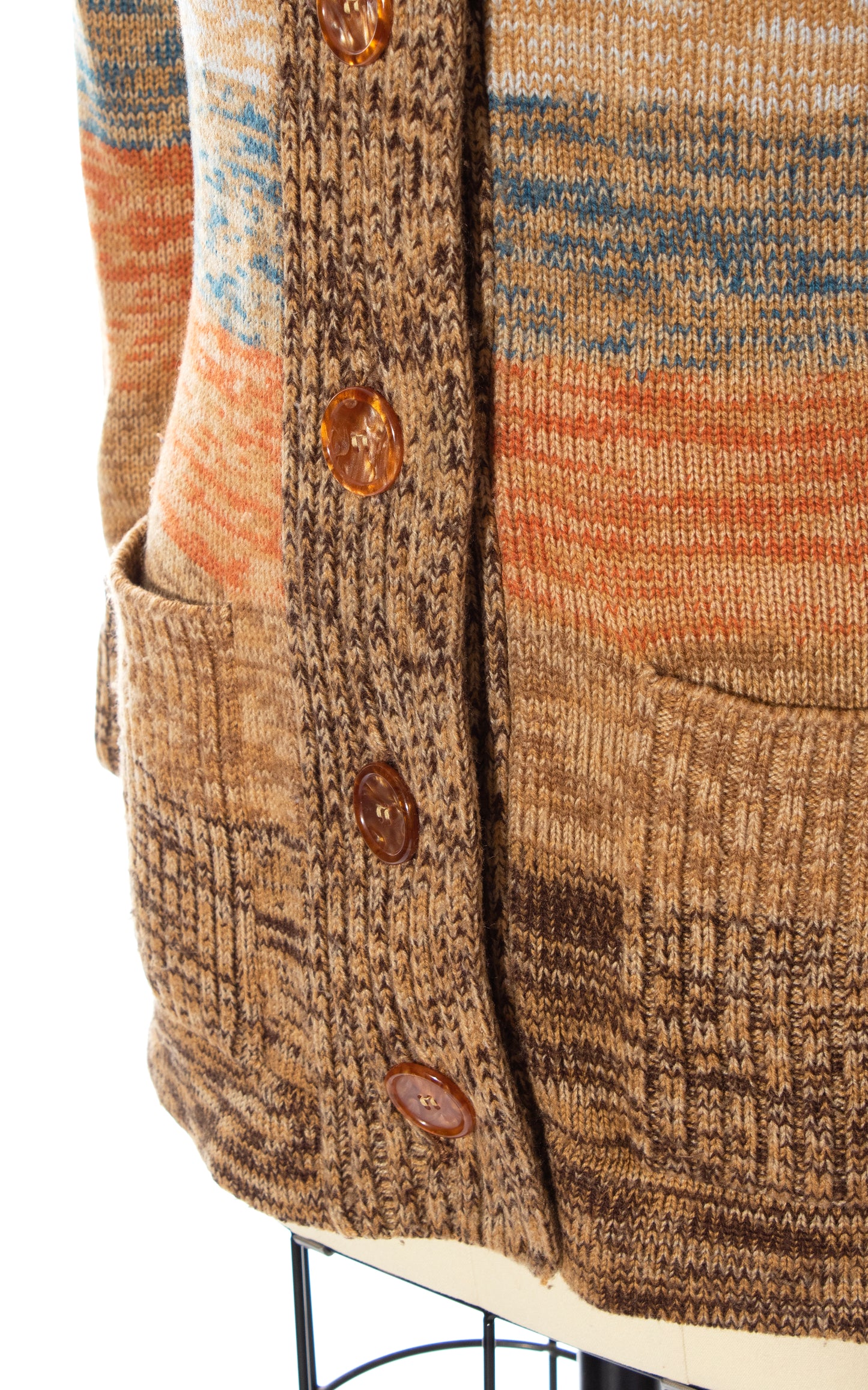 Vintage 70s 1970s Space Dye Striped Knit Acrylic Brown Tan Earthtones Cardigan Sweater Boho BirthdayLifeVintage