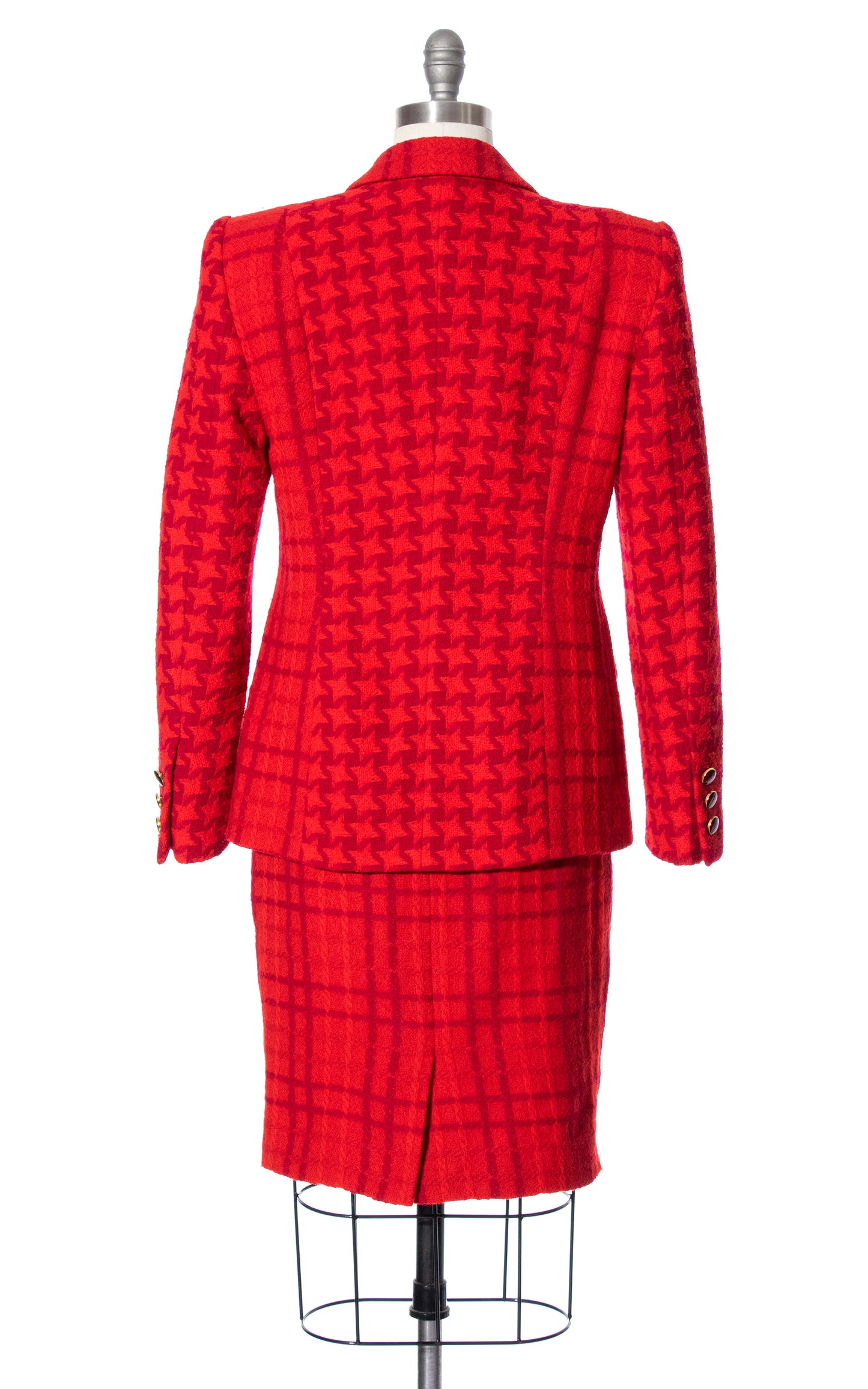 1980s ESCADA Houndstooth Plaid Red Wool Skirt Suit