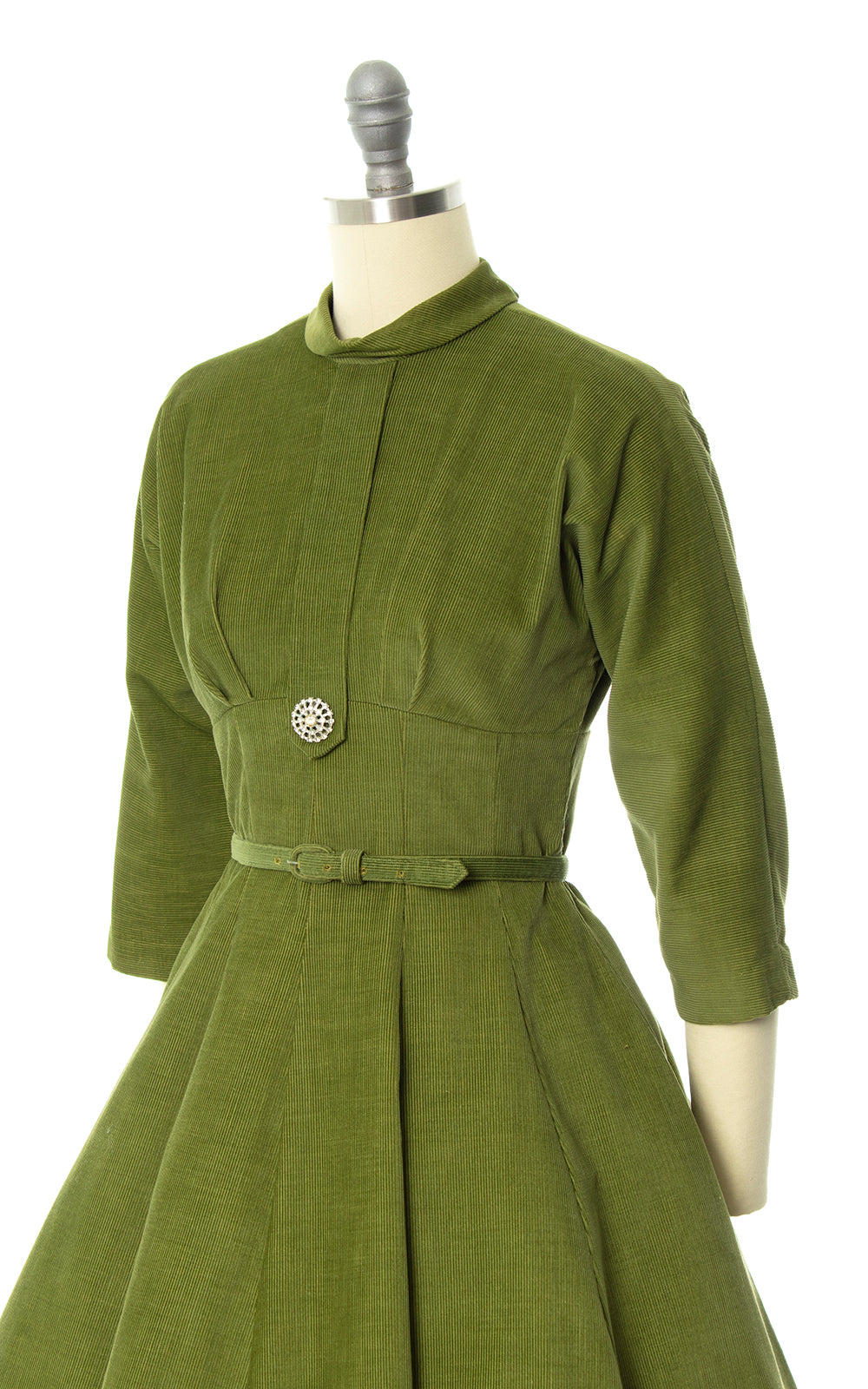 Vintage 1950s 50s Olive Green Corduroy Fit and Flare Dress Birthday Life Vintage