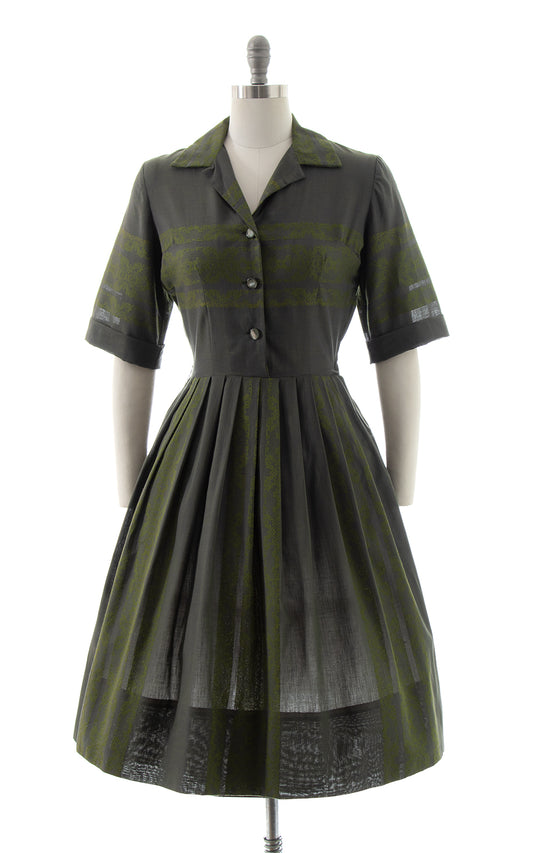 1950s Geometric Olive Shirtwaist Dress | small | BirthdayLifeVintage