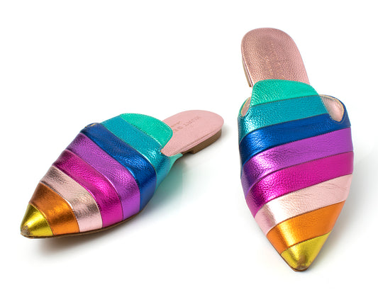 KURT GEIGER Metallic Rainbow Leather Flats Slides Mules | size US 10 | Birthday Life Vintage