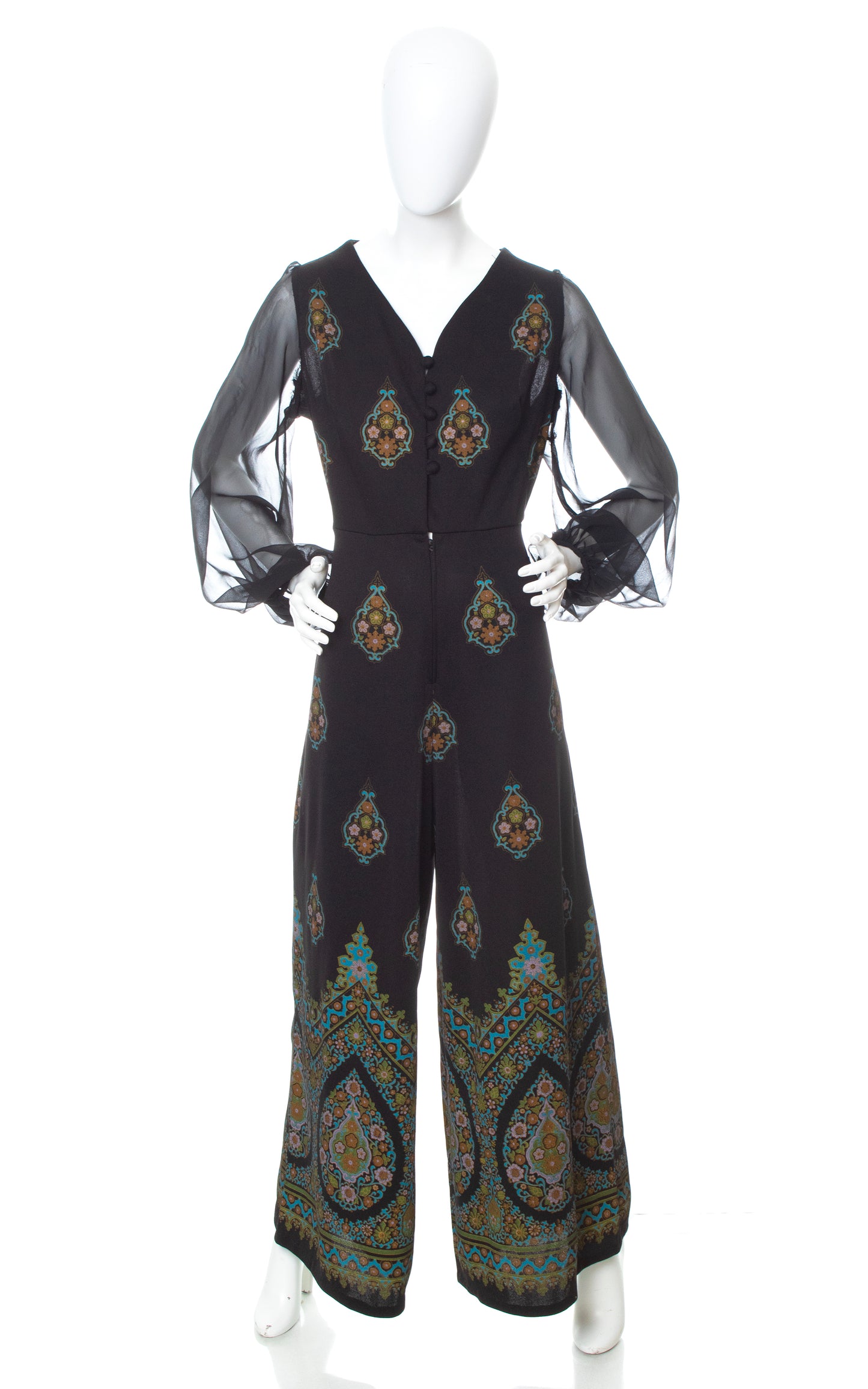 Vintage 70s 1970s ALFRED SHAHEEN Border Print Palazzo Jumpsuit with Chiffon Sleeves Birthday Life Vintage
