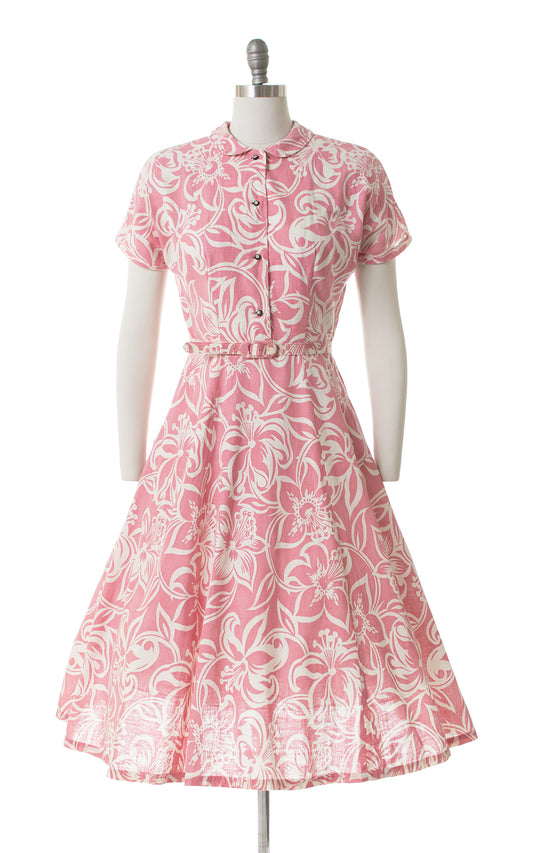 1940s 1950s Hibiscus Hawaiian Cotton Shirtwaist Dress