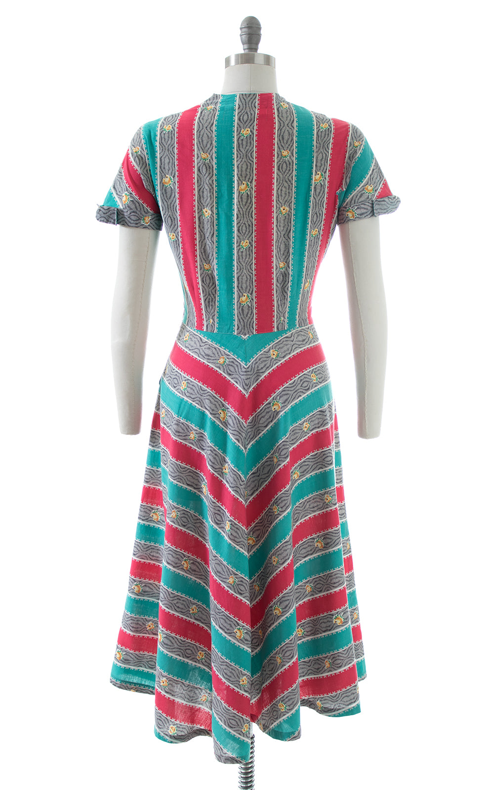 1950s Rose Chevron Striped Cotton Dress | medium