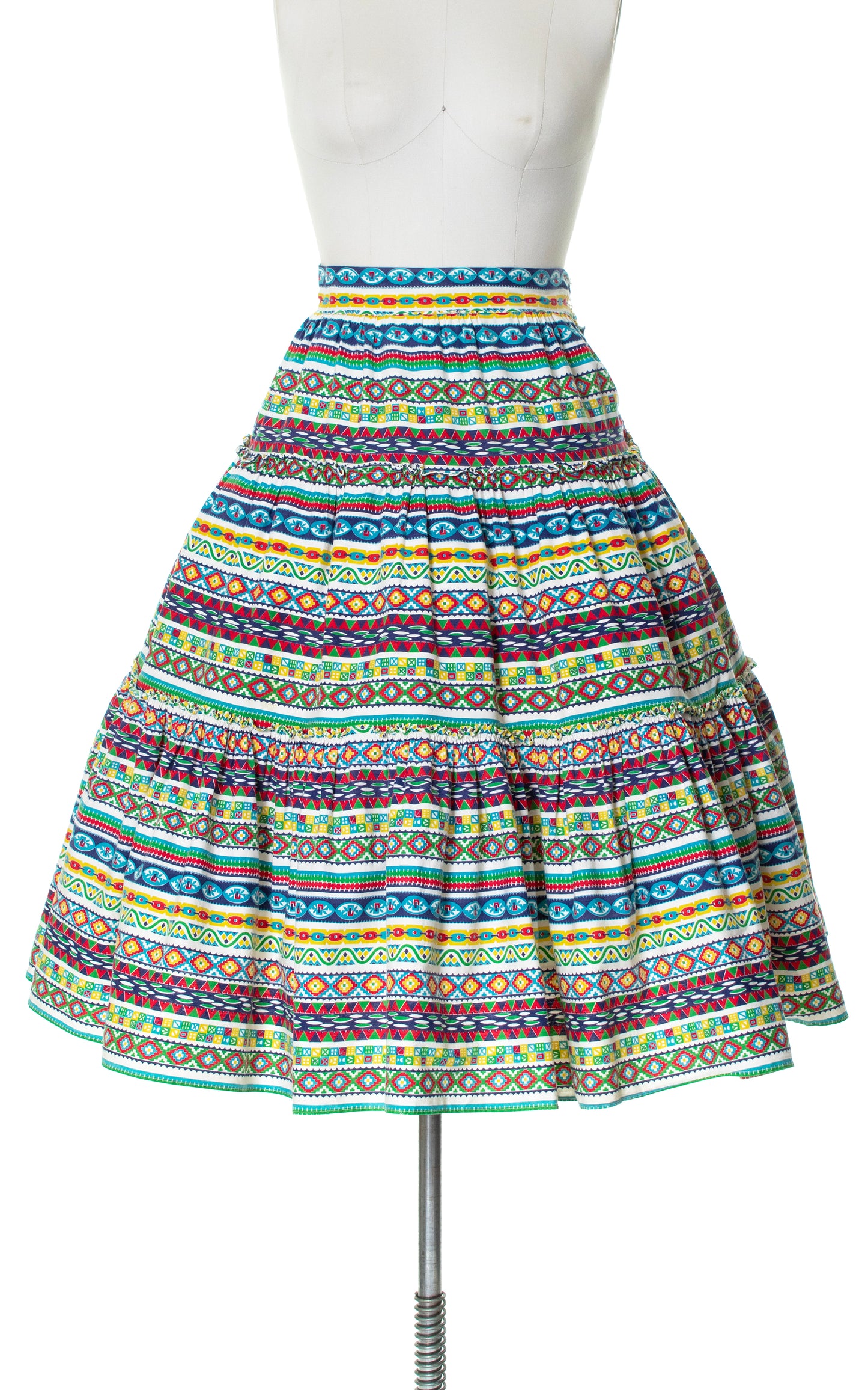Vintage 50s 1950s Southwestern Geometric Striped Tiered Cotton Full High Waisted Skirt BirthdayLifeVintage