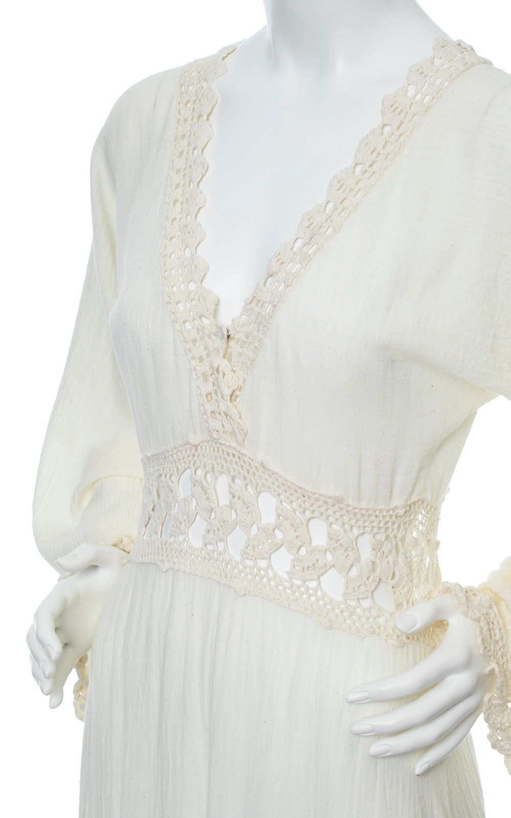 Vintage 1970s Cotton Gauze & Crochet Bell Sleeve Boho Maxi Festival Dress small Birthday Life Vintage