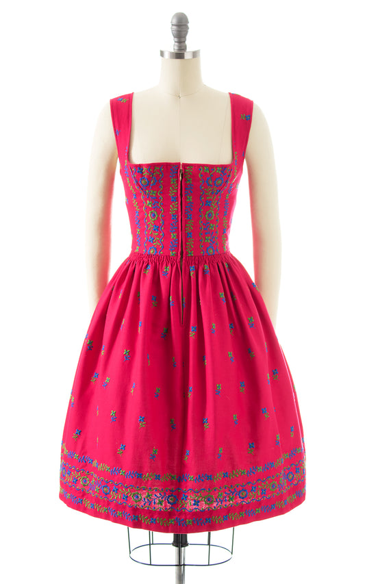 1970s 1980s Floral Embroidered Dirndl Dress