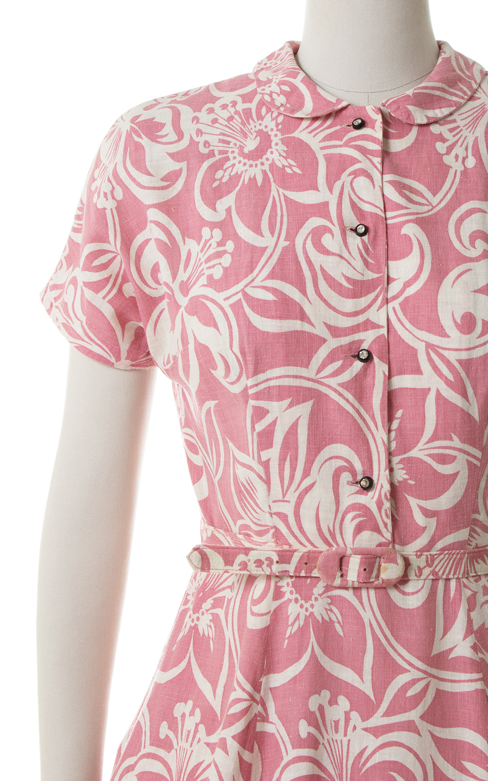 1940s 1950s Hibiscus Hawaiian Cotton Shirtwaist Dress