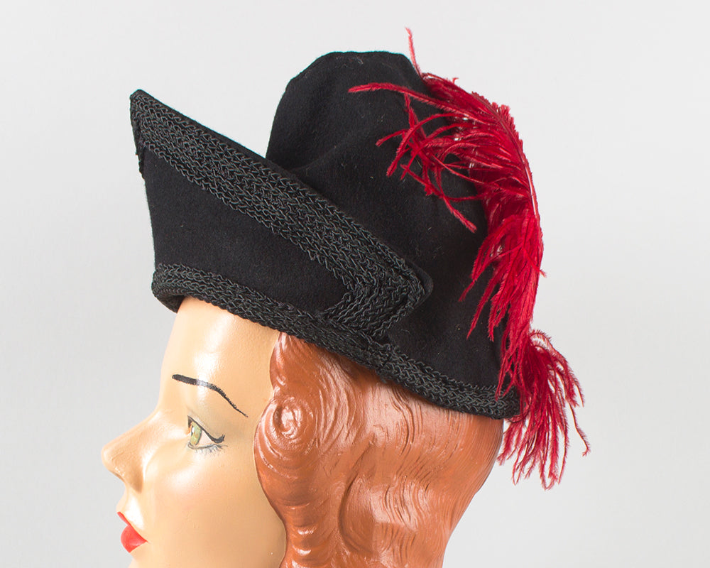 $50 & UNDER SALE || 1940s Ostrich Feather Black Wool Felt Tilt Hat