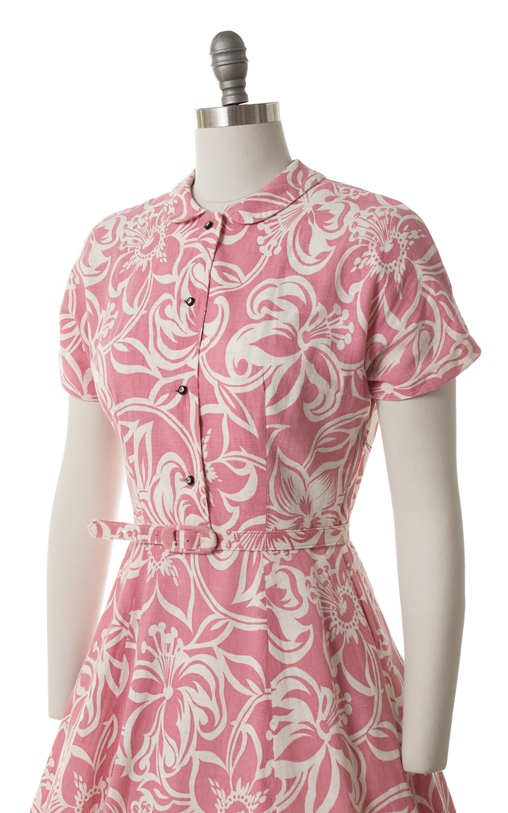 1940s 1950s Hibiscus Hawaiian Cotton Shirtwaist Dress