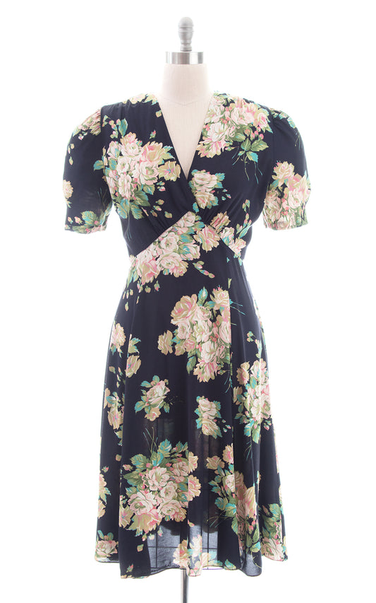 1990s does 1930s Floral Black Rayon Bias Cut Dress