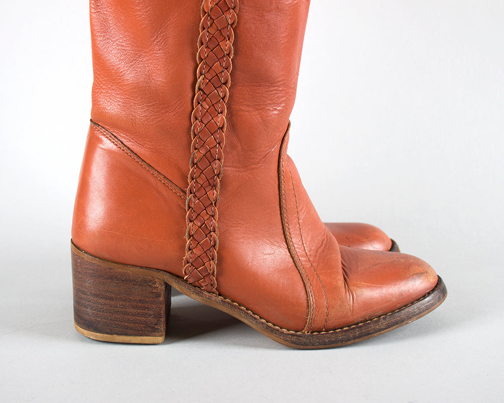 1970s Brown Leather Braided Knee High Campus Boots | size 8