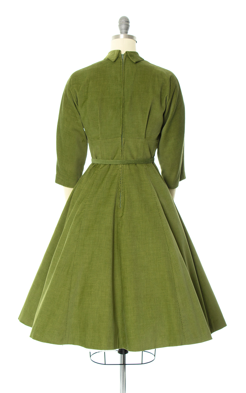 Vintage 1950s 50s Olive Green Corduroy Fit and Flare Dress Birthday Life Vintage