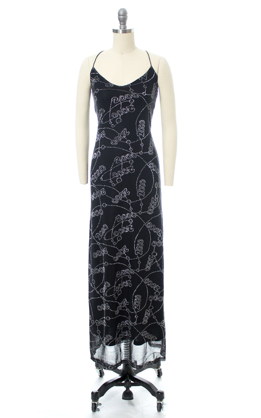 2000s Metallic Y2K Novelty Print Open Back Maxi Party Dress