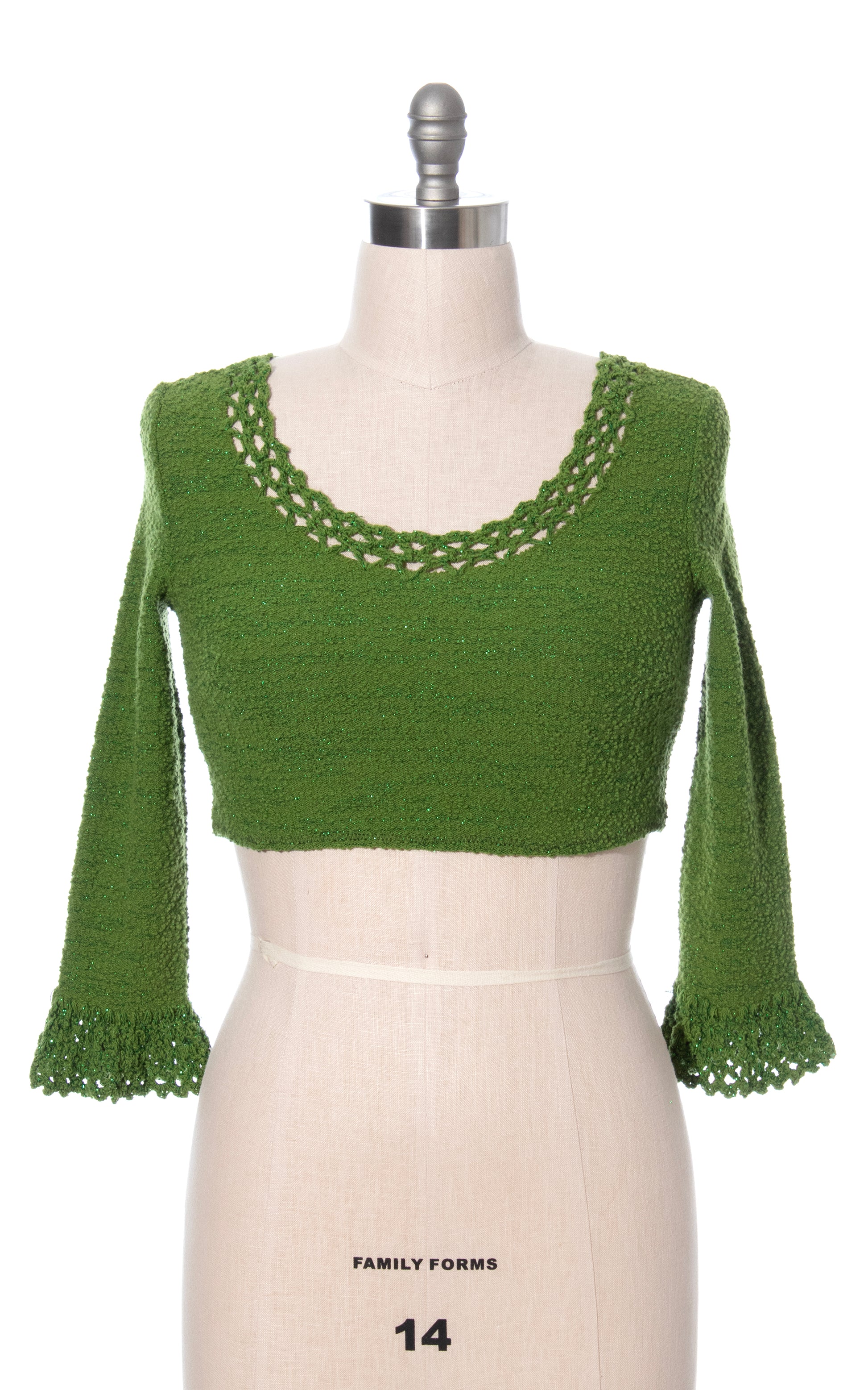 Vintage 70s 1970s Metallic Olive Green Boucle Knit & Crochet Crop Top BirthdayLifeVintage