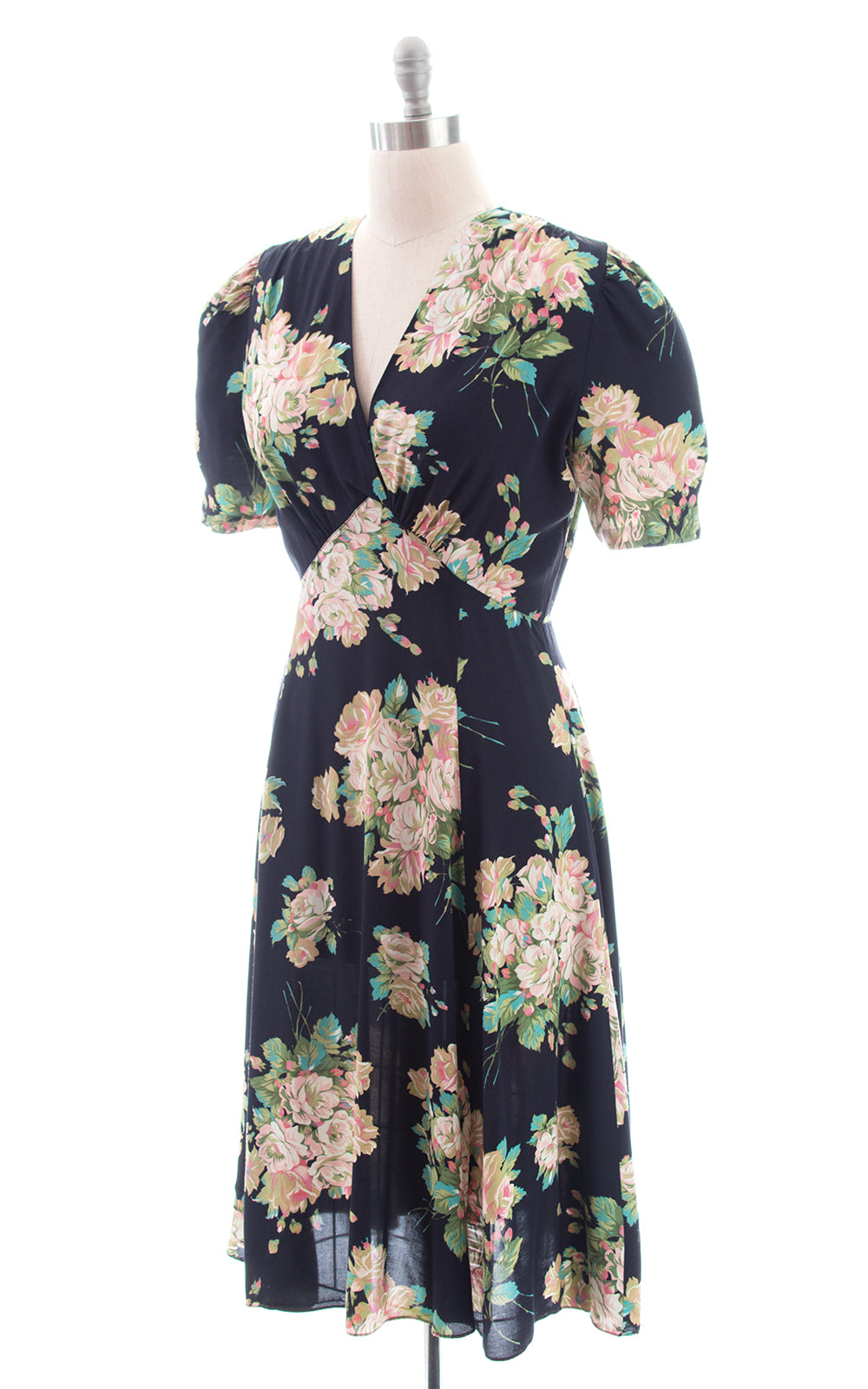 1990s does 1930s Floral Black Rayon Bias Cut Dress