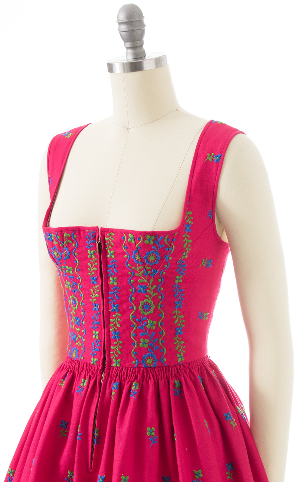 1970s 1980s Floral Embroidered Dirndl Dress