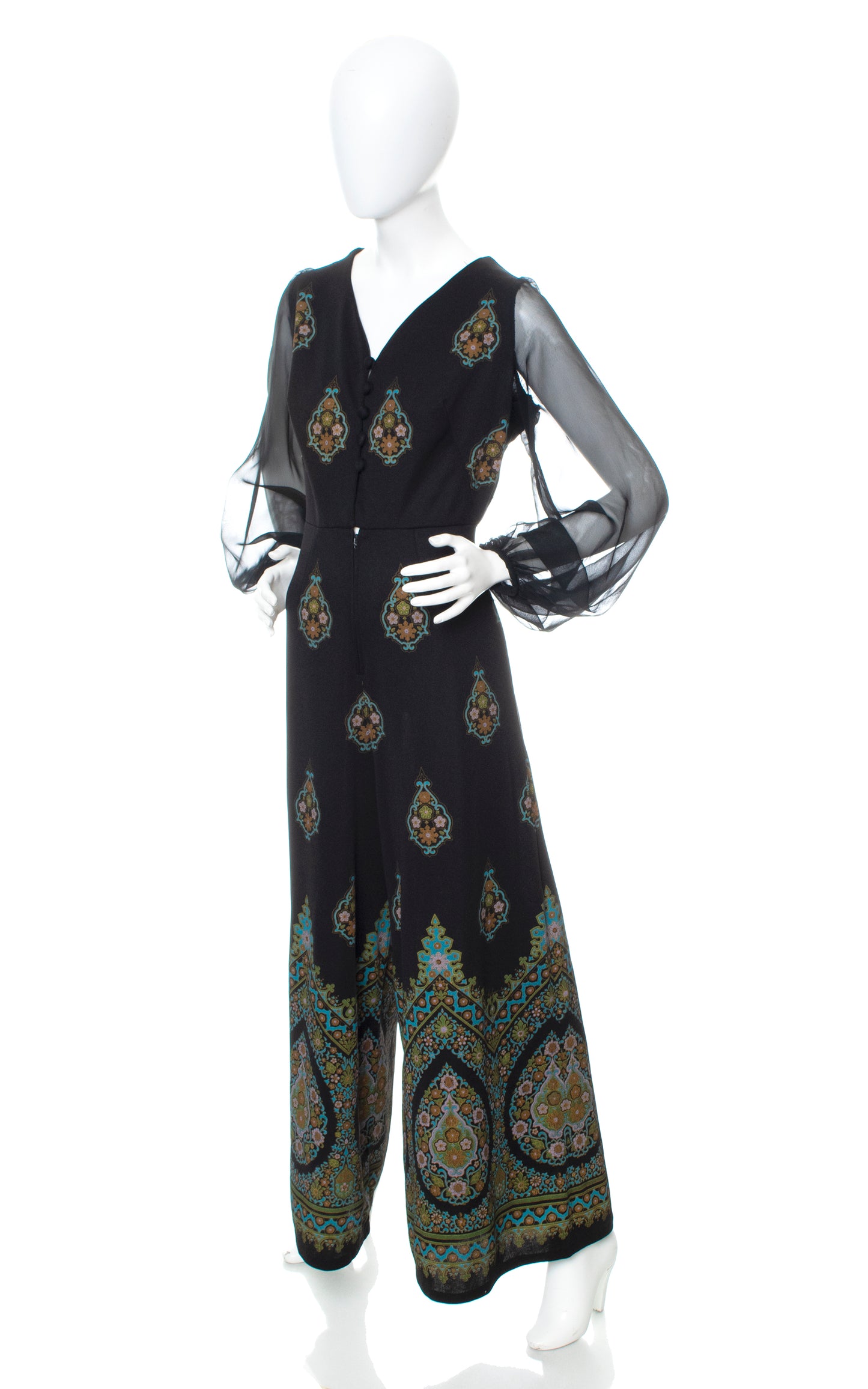 Vintage 70s 1970s ALFRED SHAHEEN Border Print Palazzo Jumpsuit with Chiffon Sleeves Birthday Life Vintage