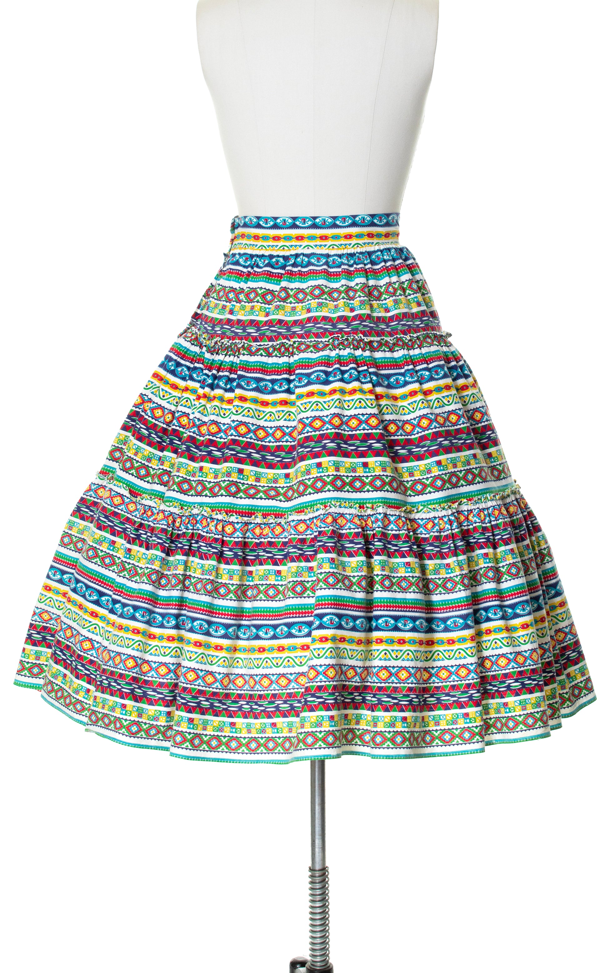 Vintage 50s 1950s Southwestern Geometric Striped Tiered Cotton Full High Waisted Skirt BirthdayLifeVintage