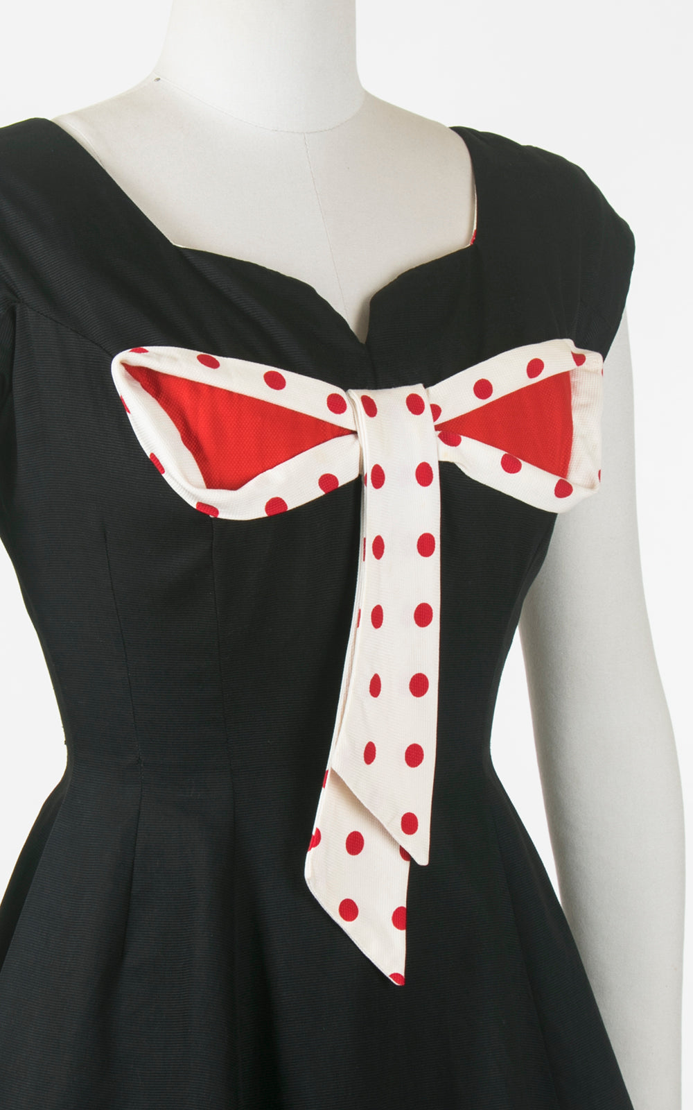 1950s Miss Elliette Polka Dot Bow Black Cotton Dress | small