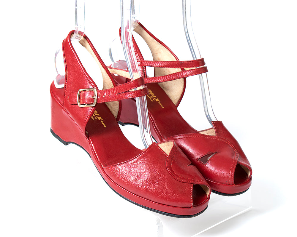 Modern 1940s Style RE-MIX Red Leather Wedge Sandals | US 9
