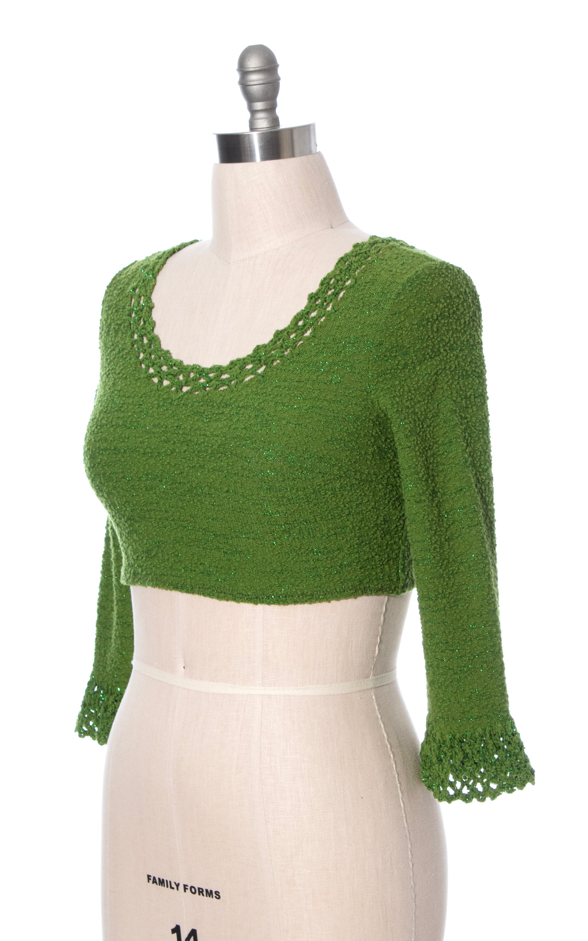 Vintage 70s 1970s Metallic Olive Green Boucle Knit & Crochet Crop Top BirthdayLifeVintage