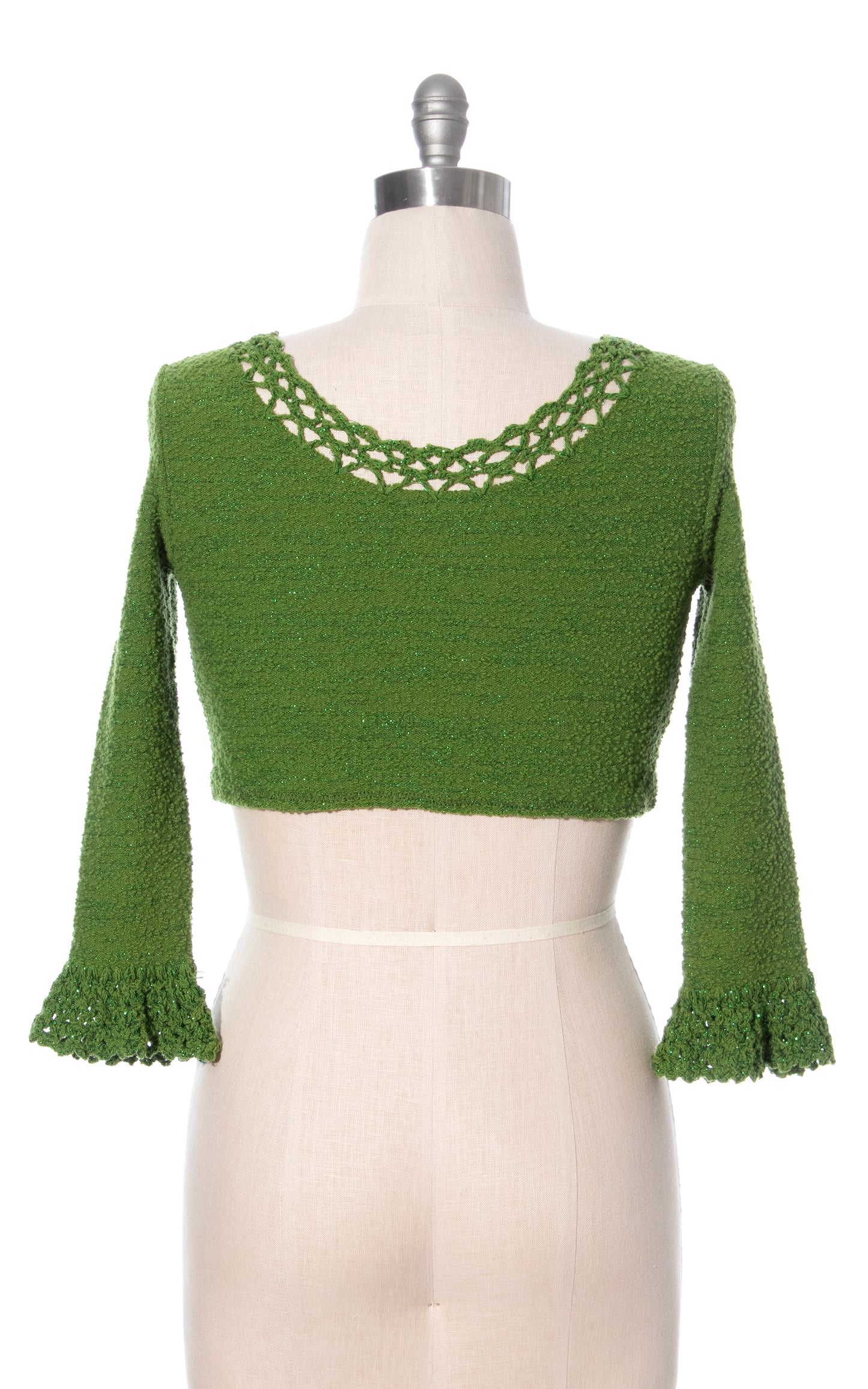 Vintage 70s 1970s Metallic Olive Green Boucle Knit & Crochet Crop Top BirthdayLifeVintage