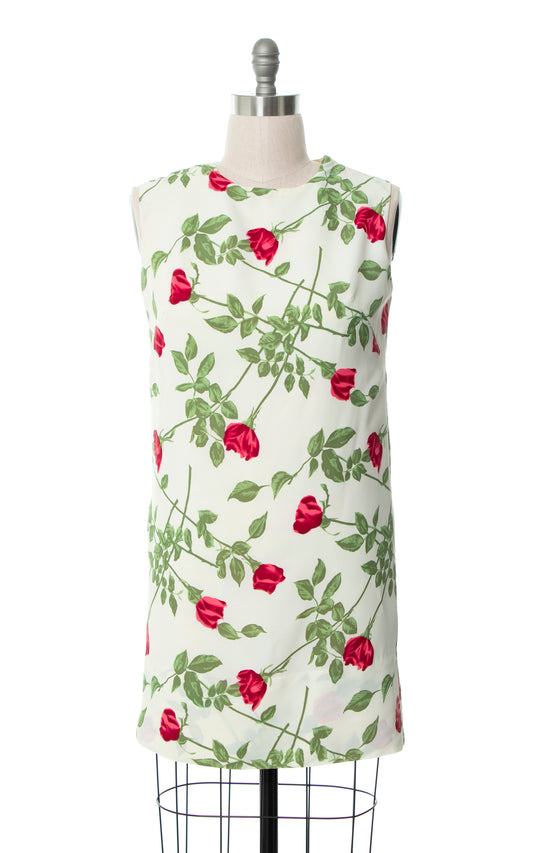 Vintage 1960s 60s Rose Stems Floral Print White Red Shift Dress | medium/large | Birthday Life Vintage