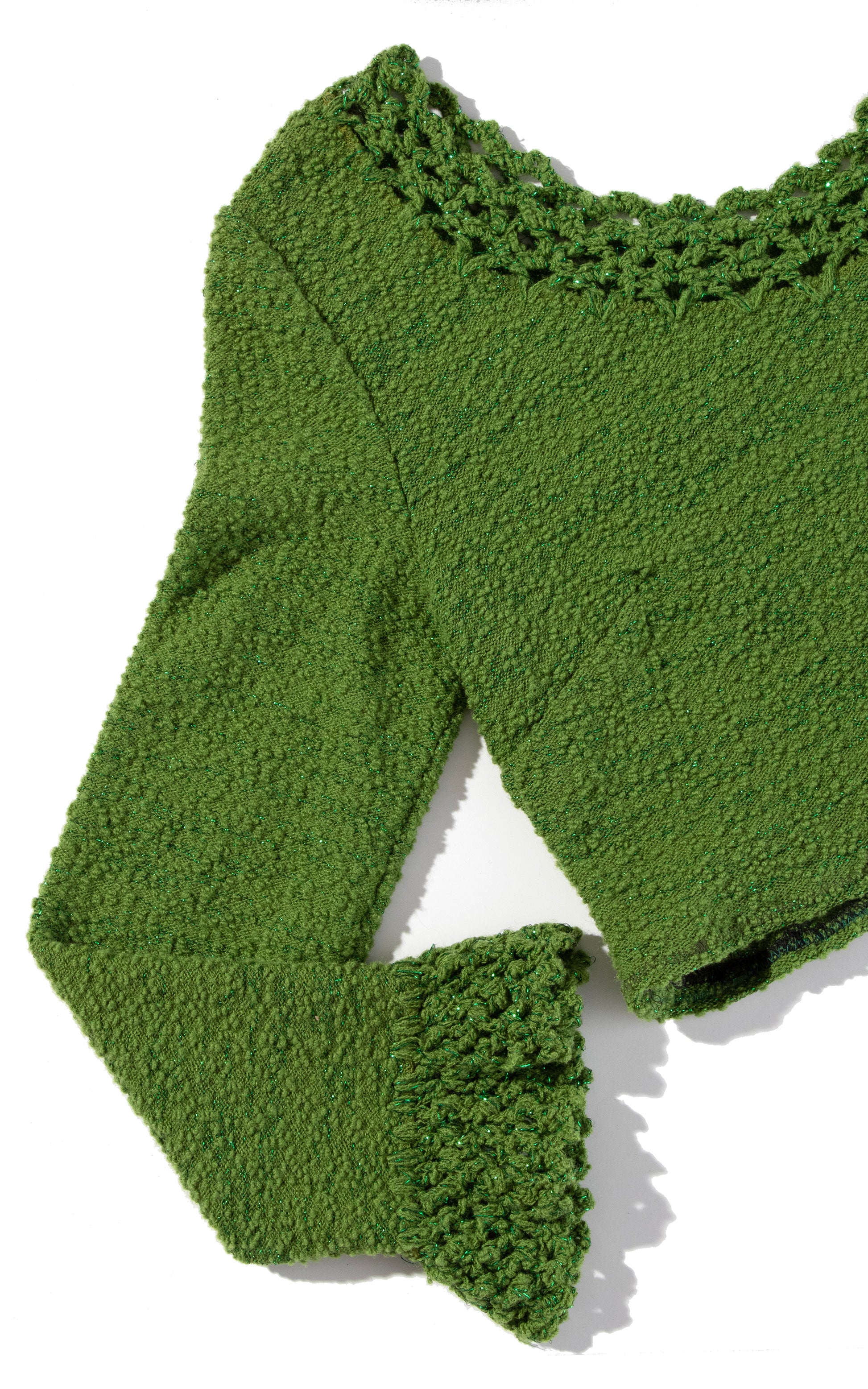 Vintage 70s 1970s Metallic Olive Green Boucle Knit & Crochet Crop Top BirthdayLifeVintage