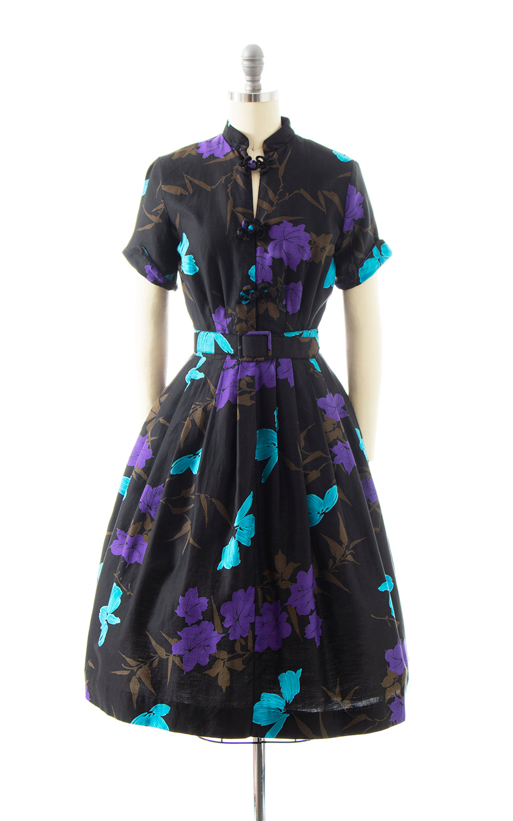 BLV x DEANNA || 1950s Black Floral Cotton Shirt Dress | x-small