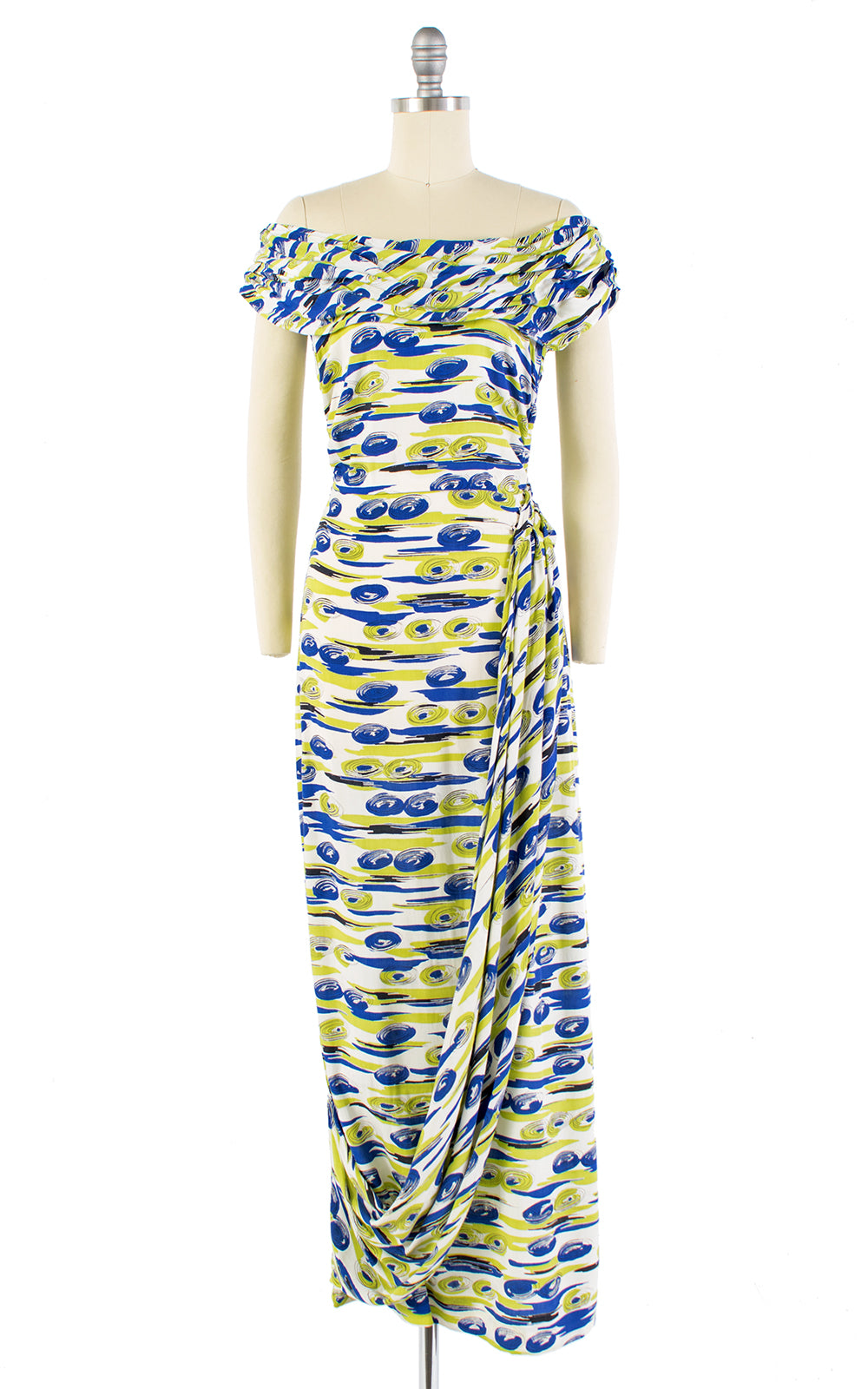 1940s Abstract Spirals Novelty Print Draped Sash Gown