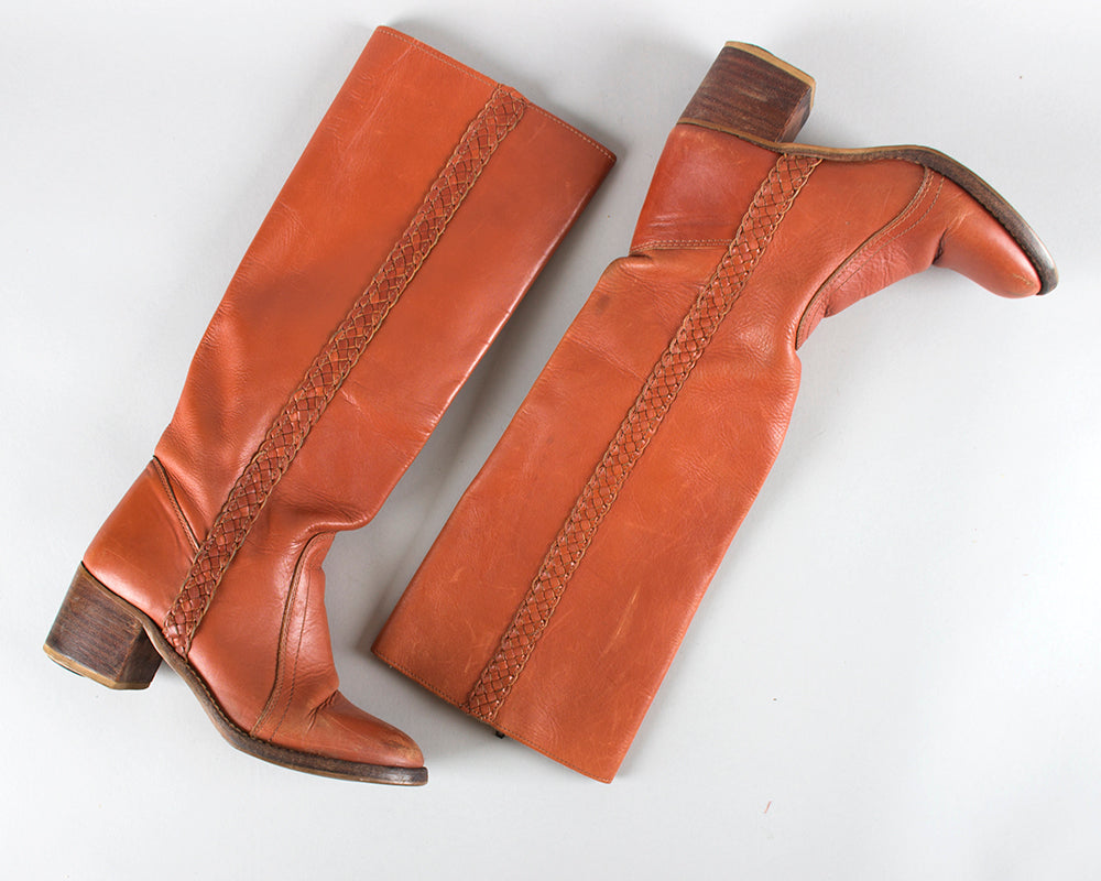 1970s Brown Leather Braided Knee High Campus Boots | size 8