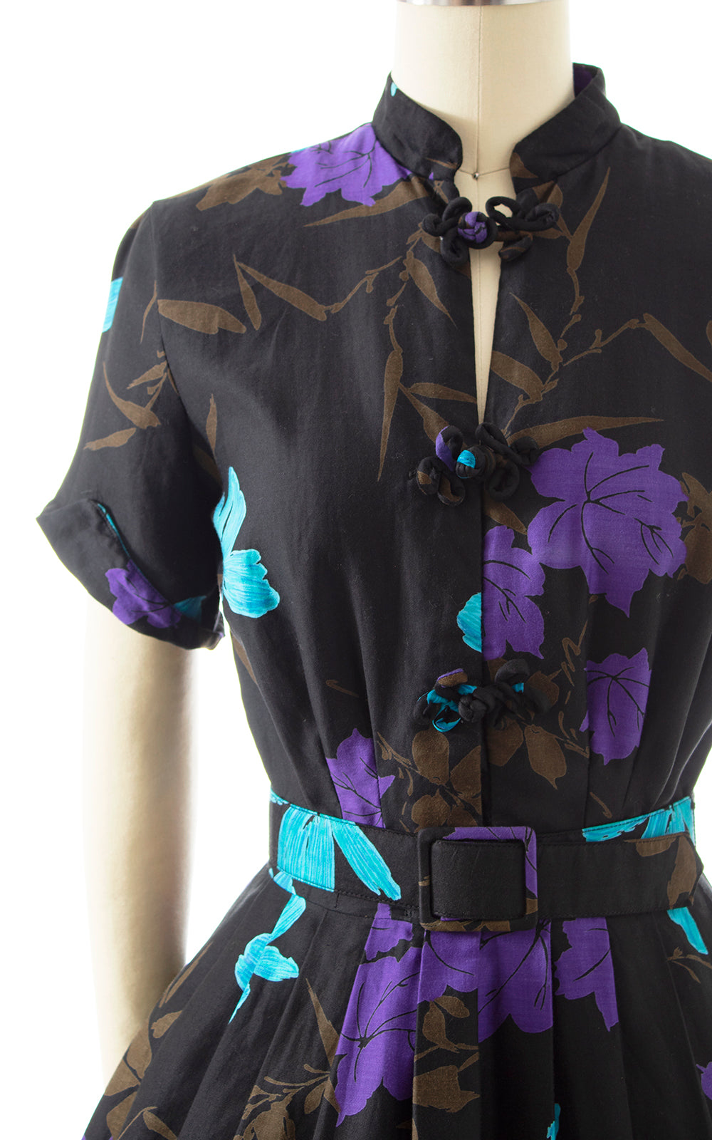 BLV x DEANNA || 1950s Black Floral Cotton Shirt Dress | x-small