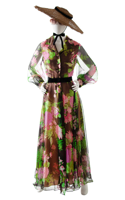 1970s Floral Fern Chiffon Balloon Sleeve Maxi Dress BirthdayLifeVintage