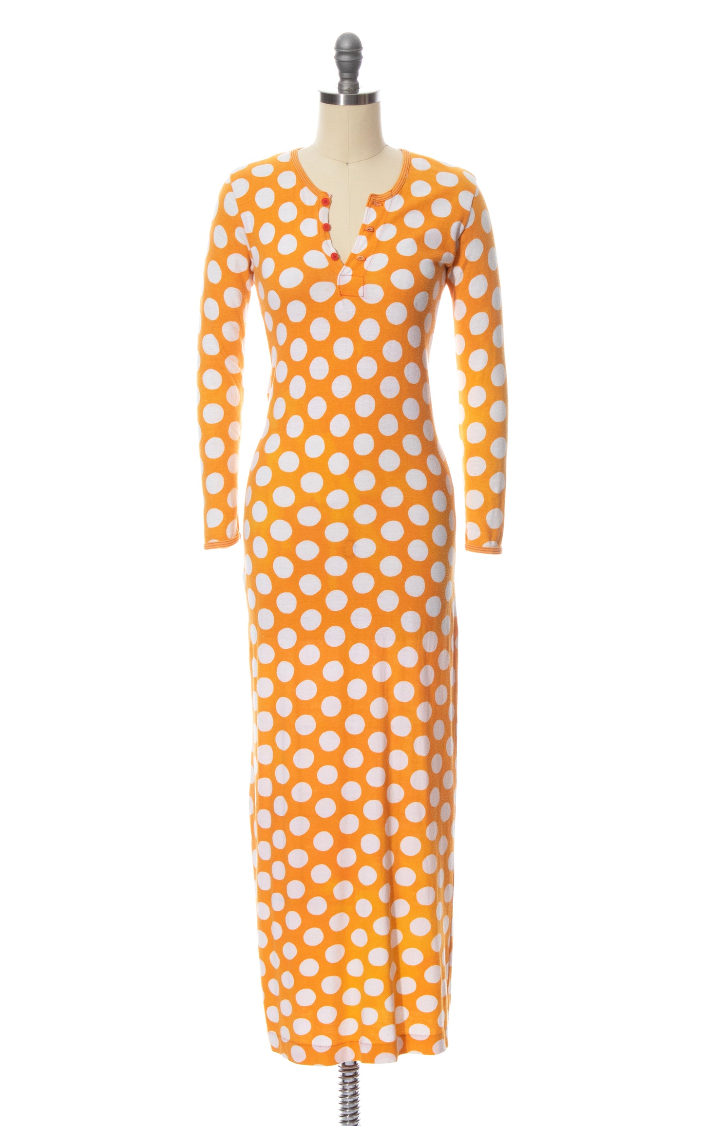 Vintage 70s 1970s MARIMEKKO Yellow Polka Dot Cotton Knit Jersey Maxi Dress BirthdayLifeVintage