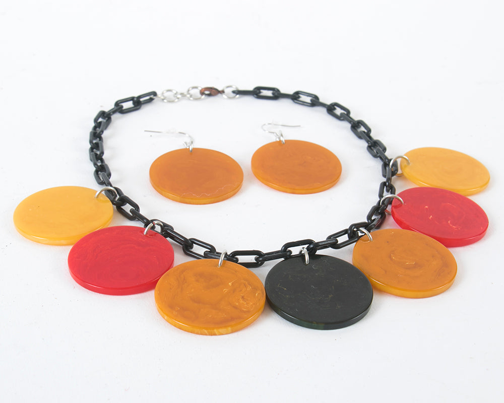 Handmade 1940s/1950s Bakelite Poker Chips Charm Necklace & Earrings Sets