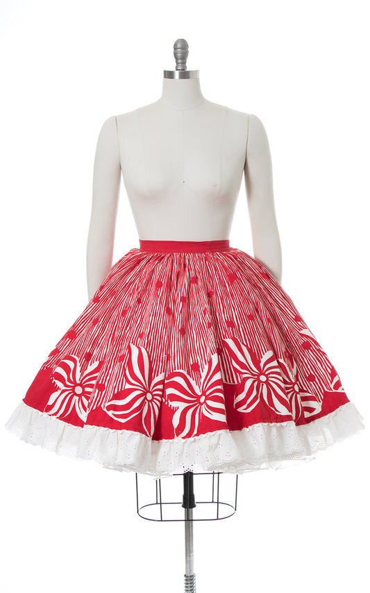 1950s Peppermint Floral Striped Border Print Circle Skirt